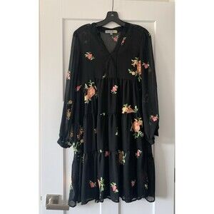 Figueroa & Flower V-Neck Black Flowy Embroidery Flower Dress Sheer Overlay Small